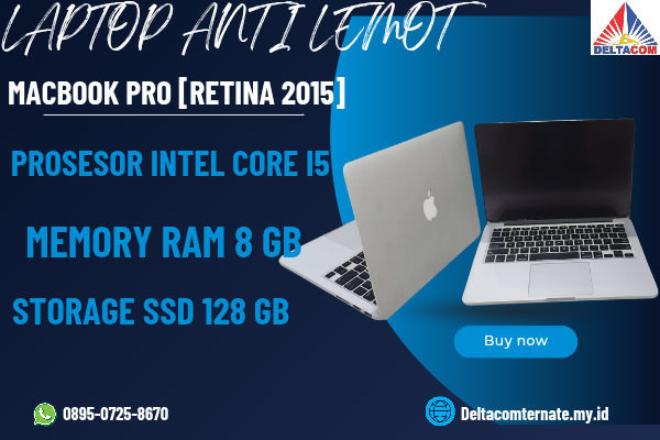 MACBOOK PRO RETINA 2015 , TYPE BARU BODY SLIM, PROSESOR INTEL CORE I5 MEMORY RAM 8 GB STORAGE SSD 128 GB DISPLAY 14 INCH MULUS , WARNAH SILVER , LECE